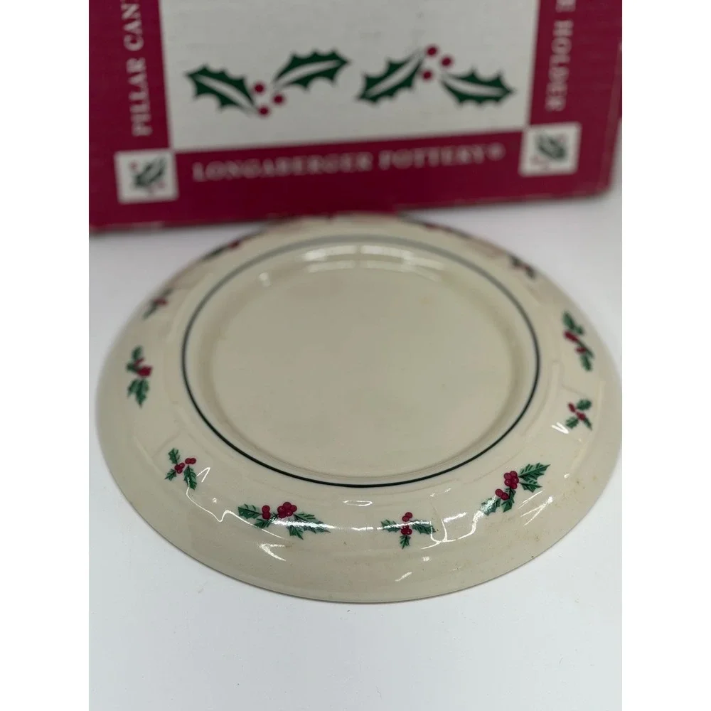 Longaberger‎ Pottery Pillar Candle Holder Traditional Holly Ivory Green Red Box
